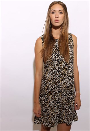 VINTAGE 80S LEOPARD PRINT RAYON MINI DRESS SLEEVELESS S-M