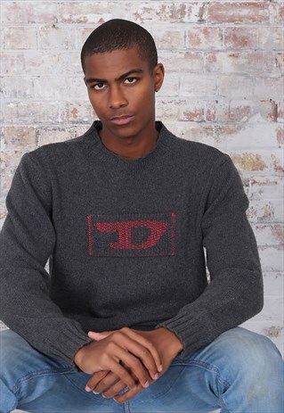 VINTAGE DIESEL LOGO KNITTED JUMPER GREY RED