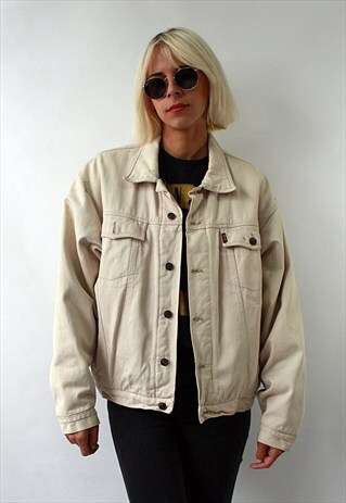 VINTAGE 90'S AMAZING COOL CLASSIC UNISEX BEIGE DENIM JACKET