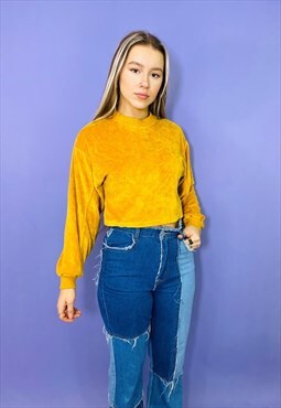 Vintage 90s Cropped Yellow Velvet Sweatshirt
