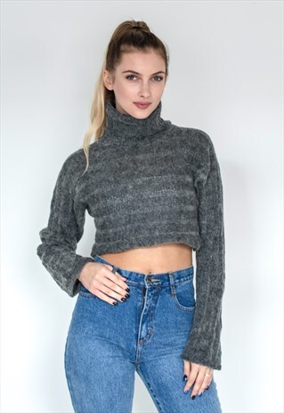 VINTAGE RETRO GREY WINTER TURTLE NECK CROP WOOL JUMPER