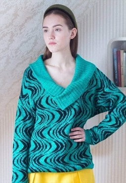 Green and black knitted V-neck jumper