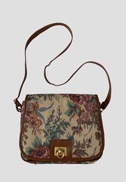 80's Floral Brown Fabric Vintage Saddle Cross Body Bag