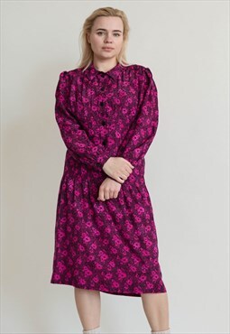 Vintage 80s Long Sleeve Ditsy Floral Button Up Midi Dress
