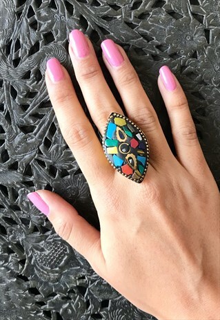 CHUNKY MARQUISE BOHEMIAN RING TURQUOISE MOSAIC MULTICOLOUR