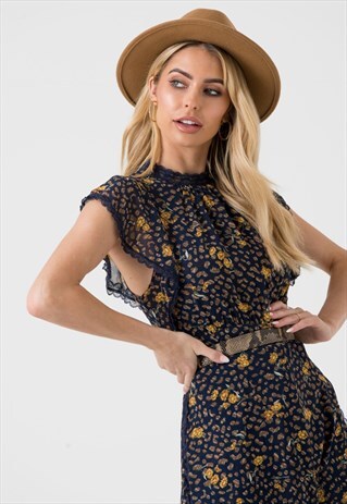 HIGH NECK LACE TRIM MIDI DRESS IN NAVY FLORAL