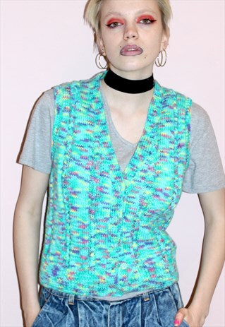 VINTAGE RETRO 80S GREEN MULTICOLOURED KNIT WINTER CARDIGAN