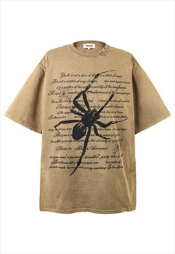 Spider print t-shirt grunge graffiti top gothic tee in brown