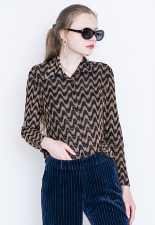 VINTAGE BROWN PATTERNED LONG SLEEVE RETRO SHIRT
