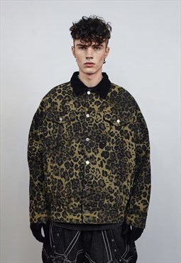 Leopard denim jacket animal print jean bomber green black