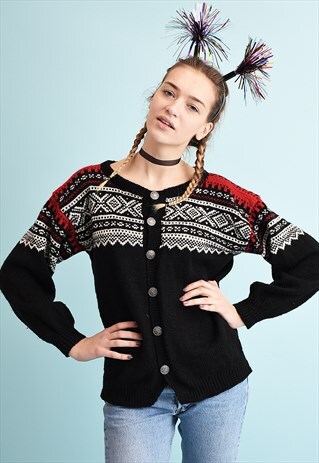 90'S RETRO NORDIC FAIR ISLE WOOL KNIT CHRISTMAS CARDIGAN