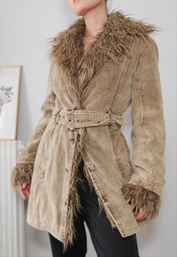 vintage y2k afghan faux fur corduroy coat