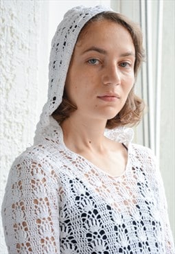 Vintage White Hooded Crochet Top