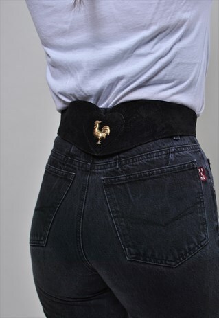 80S BLACK SUEDE BELT WITH CUTE HEART AND METAL ROOSTER