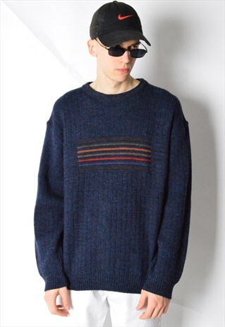 VINTAGE 90S NAVY BLUE STRIPED WOOL BLEND JUMPER