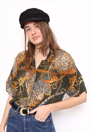 VINTAGE 80S SHEER GREEN BAROQUE PRINT SHIRT