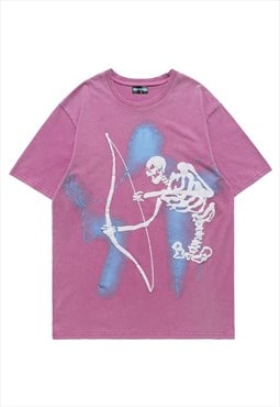 Skeleton print t-shirt bow arrow tee graffiti top in pink