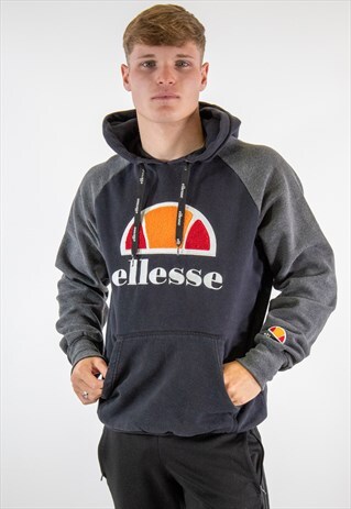 VINTAGE ELLESSE SPELL OUT LOGO HOODIE IN GREY MEDIUM