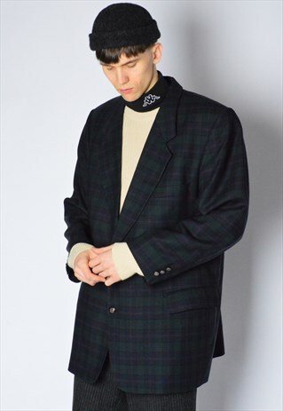 VINTAGE 80S DARK GREEN NAVY BLUE CHECK WOOL BLAZER