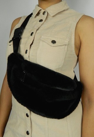BLACK FLUFFY FAUX FUR BUM BAG FANNY PACK