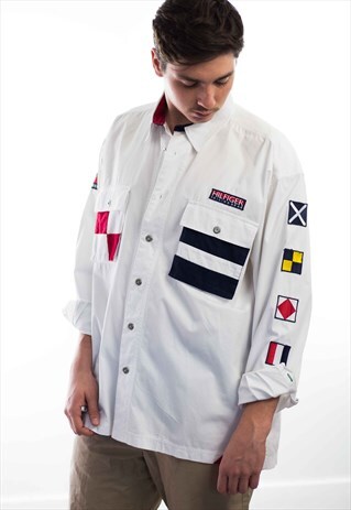 VINTAGE TOMMY HILFIGER LOGO SAILING GEAR SHIRT 90S L 16.5