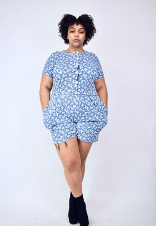VINTAGE 90'S BLUE & WHITE FLORAL PLAYSUIT WITH BUTTONS