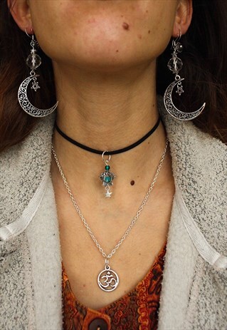 SILVER CHOKER & DAINTY NECKLACE SET LOTUS & OM