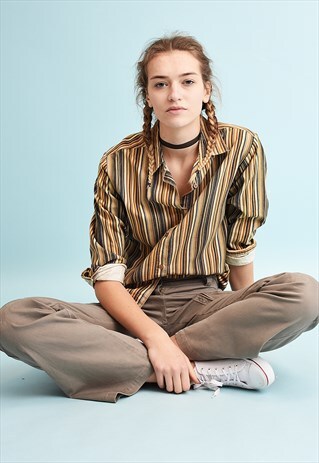 90'S RETRO STRIPED PRINT CORDUROY MOMS SHIRT