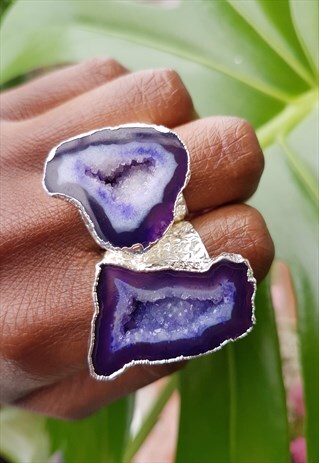 SILVER MEGA PURPLE CRYSTAL GEMSTONE STATEMENT RING