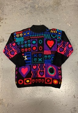 Vintage Cute Heart Patterned Jumper Cottagecore Chunky Knit