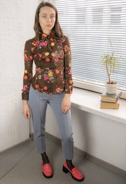 Vintage 70's Brown Flower Print Bohemian Shirt