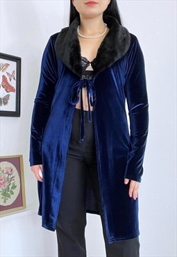 Vintage 90s Blue Velvet Faux Fur Cardigan