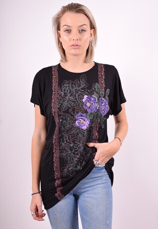 WOMENS VINTAGE T-SHIRT TOP MEDIUM BLACK 90'S