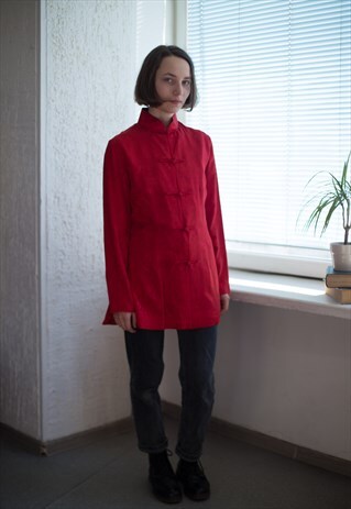 VINTAGE 90'S RED CHINESE INSPIRED LONG SLEEVED SILK TOP