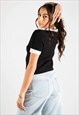 BLACK & WHITE COLLARED RIBBED SHORT SLEEVES TOP 