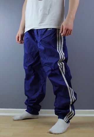 VINTAGE ADIDAS NYLON JOGGERS IN BLUE WITH EMBROIDERY SHINY