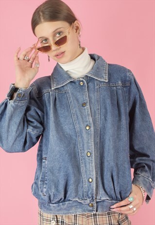 VINTAGE 90S DENIM JACKET BOMBER IN BLUE WITH POCKETS