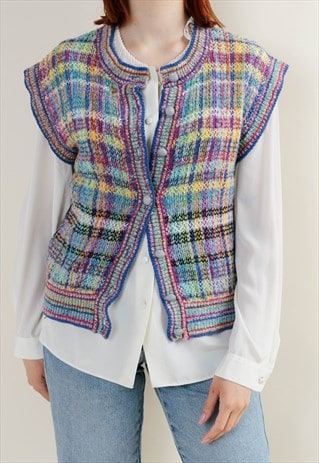 VINTAGE 90S ROUNDNECK RAINBOW KNIT WOMEN CHECK VEST S