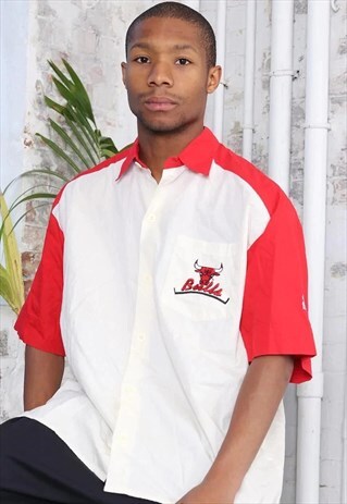 VINTAGE STARTER CHICAGO BULLS SHORT SLEEVE SHIRT WHITE RED