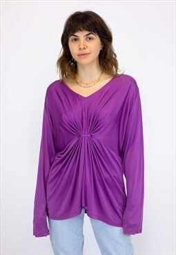Vintage Purple Shiny Ruched Long Sleeve Top