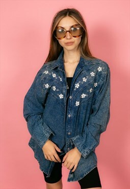 90s Vintage Acid Wash Silver Jewelled & Embroidered Leather 