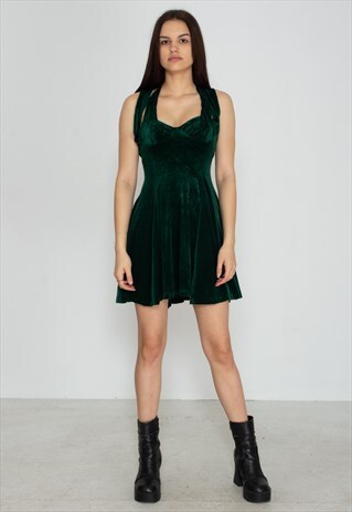 VINTAGE GREEN VELVET SLEEVELESS MINI DRESS