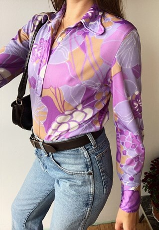 VINTAGE 60S MOD PARISIAN FLORAL PRINT BLOUSE SHIRT TOP TUNIC