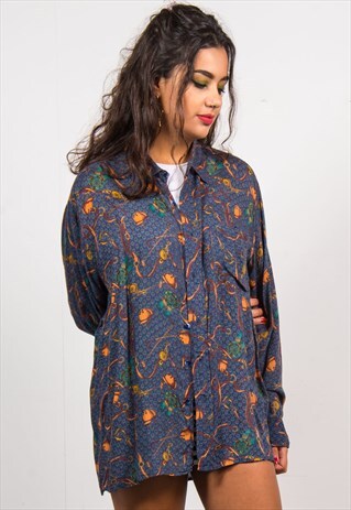 VINTAGE 90'S NAVY BLUE OVERSIZE CRAZY PATTERN SHIRT