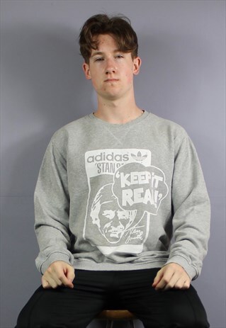 VINTAGE ADIDAS STAN SMITH SWEATSHIRT IN GREY WITH PRINTED LO