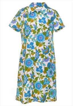 Vintage 1970s Floral Print Blue, Green & Whitw Shift Dress -