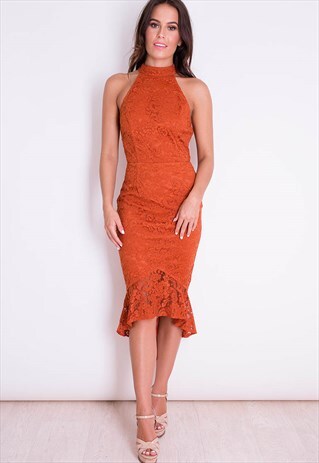 JESSICA LACE HIGH NECK FISHTAIL MIDI DRESS RUST