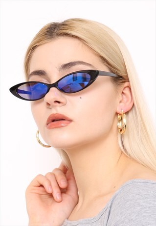 BLACK BLUE MIRROR SLIM THIN CAT EYE 90S SUNGLASSES UV400
