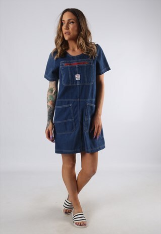 VINTAGE DENIM DRESS BICH REWORKED DUNGAREES UK 8 - 10 (9DDF)