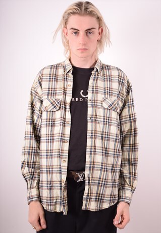 MENS VINTAGE FLANNEL SHIRT LARGE BEIGE CHECK 90S